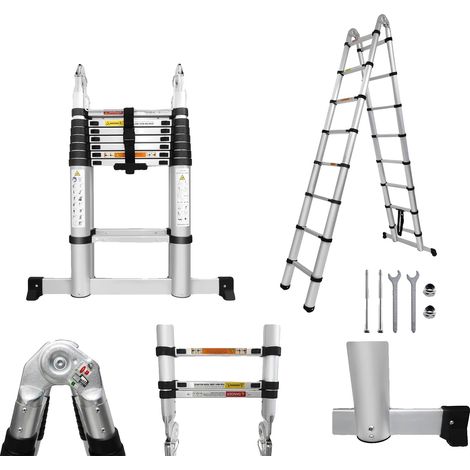 Échelle pliante, longueur de 5 m, capacité de charge de 150 kg, 15 marches antidérapantes, matériau en acier inoxydable, tige de support d'équilibre (1/5)