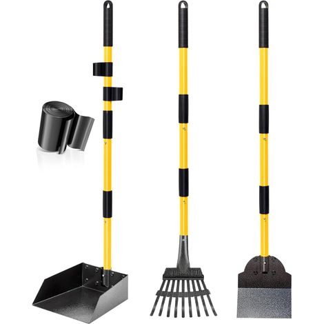 Dog Poop Scoop, Tray, Rake & Shovel with Long Adjustable Metal Handle, Sturdy Poop Scoop with Waste Bags for Yard, Walks, Grass and Garden Leaves