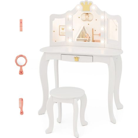 Set da toeletta per bambini 80 x 40 x 106 cm con specchio pieghevole a 3 modalità e pratico cassetto stile corona MDF bianco 200011531