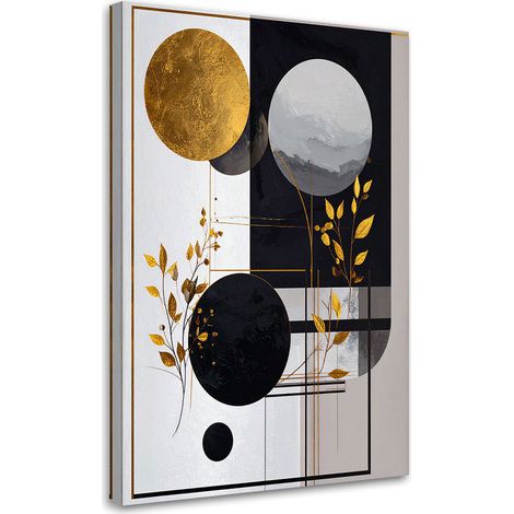 Image sur Toile, Abstraction noir et or de cercles et de feuilles,20x30 (1/4)