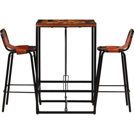 Ensemble de bar 3 pcs  Meubles de salle à manger Bois massif recyclé et cuir de chèvre (1/5)