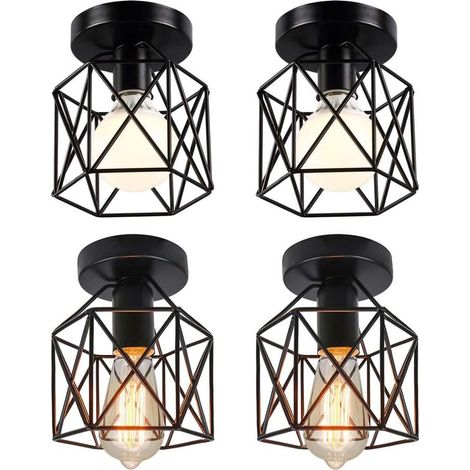 Lot de 4 plafonniers industriels, 14 cm, en fer forgé noir, style lanterne suspendue, luminaire pour chambre, entrée, café, bar (4 pièces) (1/5)
