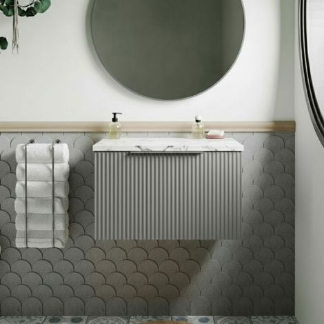 Hudson Reed Fluted Wall Hung 1-Drawer Vanity Unit with Carrera Marble Worktop 600mm Wide - Satin Grey (1/4)
