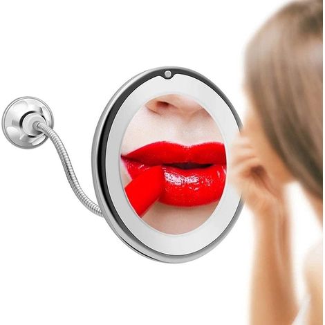 Specchio da trucco illuminato da parete con luce LED e ventosa, collo d'oca flessibile, girevole a 360 gradi, specchio ingranditore 10x per viaggi, specchio da bagno per casa (1/4)