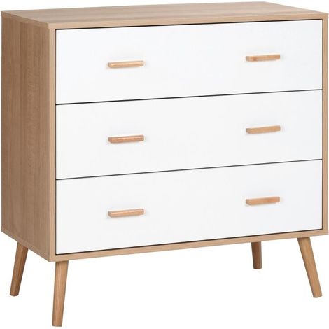 Commode Design scandinave sur Pieds 3 tiroirs coulissants Pieds effilés inclinés Panneaux Particules Blanc Aspect Bois Clair