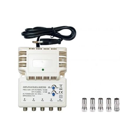 Amplificateur intérieur UHF 1 entrée 4 sorties Gain 25dB Blanc + 5 Adaptateurs TV Connecteurs F (1 Femelle à F Mâle + 4 Mâle à F Mâle) (1/4)