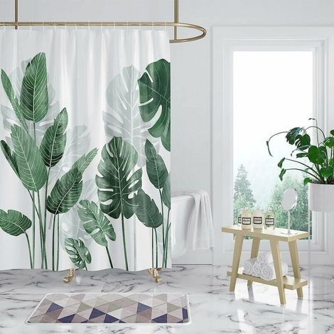 Cortina de ducha de 180 x 200 cm, resistente al moho, con estampado de hojas y plantas verdes, repelente al agua, fabricada en poliéster, lavable, con 12 anillas. (1/4)