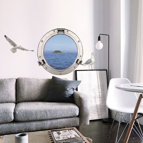 Sticker Fenêtre Hublot 3D, Déco Murale Trompe l'Oeil, Vue Mer & Île, 68x48cm - Décorez votre Maison (1/2)