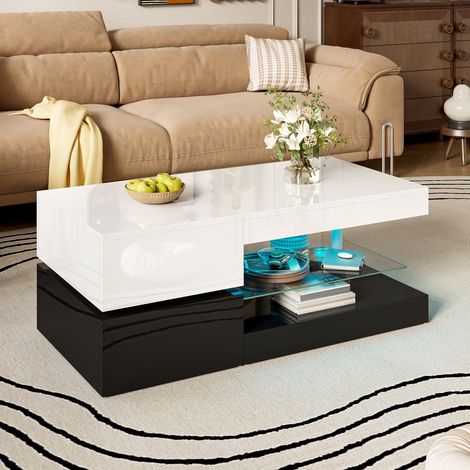 Kérian Table basse moderne avec éclairage d’ambiance LED, commande Bluetooth et application, étagère verre et surface brillante, design noir‑blanc pour salon, 90 × 45 × 35,5 cm (1/5)