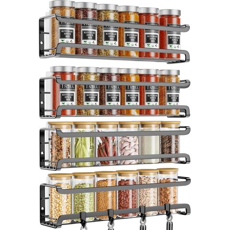 4 Pièces Rangement Epices Cuisine, Étagères à Épices Murales Métal Sans Percage,Idéal Pour Les Rangement et Organisation de Cuisine Pour Portes D'armoires de Cuisine 29x7x7CM Sans crochets