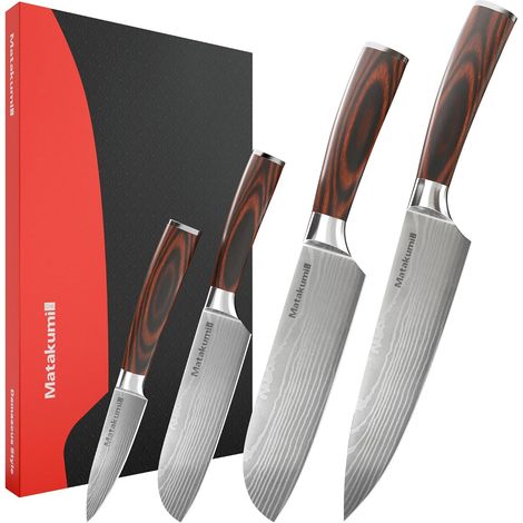 Set Couteaux Cuisine, Damassé Gravé, 4 Pièces, Ergonomique, Pro (1/5)