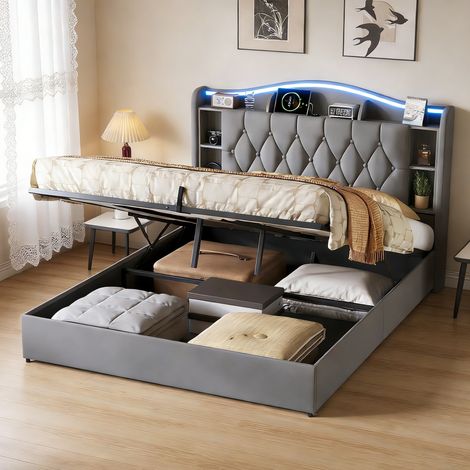Lit Coffre Double 140x200cm,2 USB et Recharge Sans Fil ,Tête de Lit LED avec Rangement,Cadre de Lit Adulte Adolescent,Sommier à Lattes,Velours,Gris (1/5)