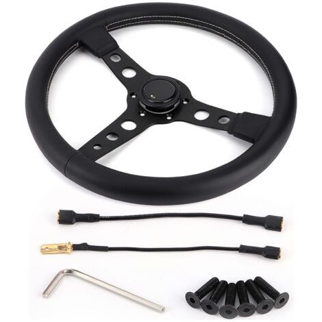 BUNTHAUS Volant Sport Style MOMO Prototipo 350mm/14 Pouces en Cuir Noir avec Coutures Grises et Bouton Klaxon
