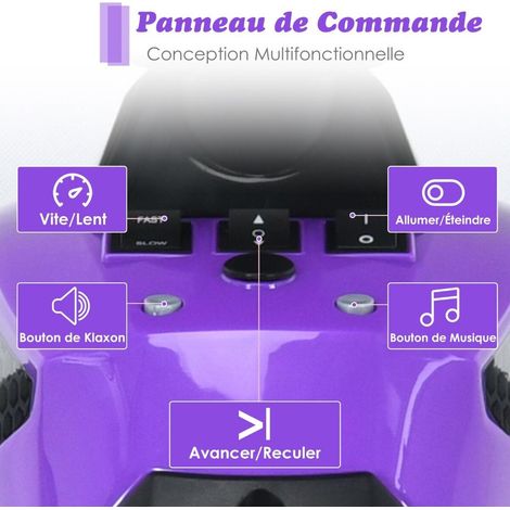 Pour Enfants 3 à 8 Ans Quad Électrique 12V Intérieur Extérieur Roues 28cm Démarrage en Douceur Feux LED Violet Max 35kg (1/5)