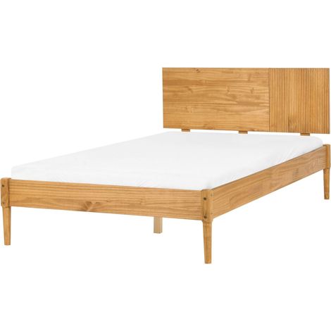 Bed Light Brown Pine Wood Frame with Slatted Bed Base EU Small Double Size 4ft Natural Scandi Style FLAVIGNAC (1/5)
