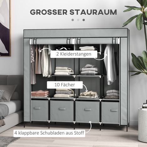 Armoire textile avec portes, 2 barres de penderie, 10 casiers, grise (1/4)