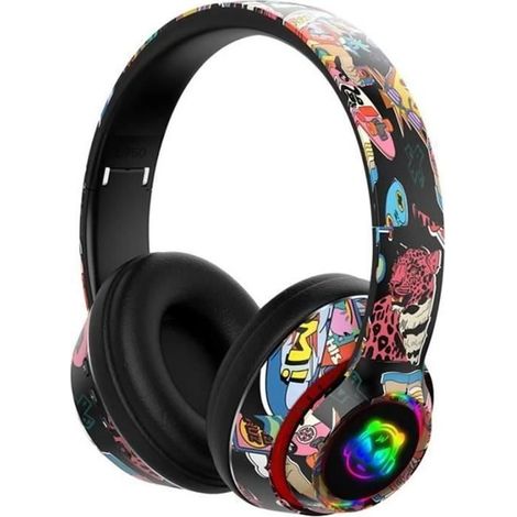 Casque Stéréo Sans Fil Bluetooth Pliable Graffiti Avec Lumière LED, Noir (1/4)
