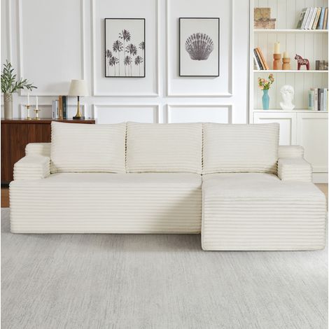 Canapé d’angle modulable beige en velours côtelé, canapé-lit style cloud avec assise profonde, mousse et ressorts ensachés, sans montage, idéal pour salon ou chambre – CHICFURN (1/5)