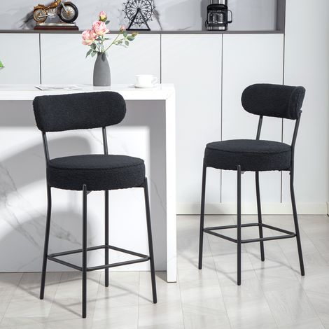 Set di 2 sgabelli da bar in tessuto bouclé, con schienale curvo e poggiapiedi, dimensioni 49x52x95 cm, colore nero.