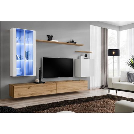 Ensemble mural - Switch XII - 2 vitrines LED - 2 bancs TV - 1 vitrine carrée - 3 étagères - Bois et blanc - Modèle 2 - Livraison gratuite