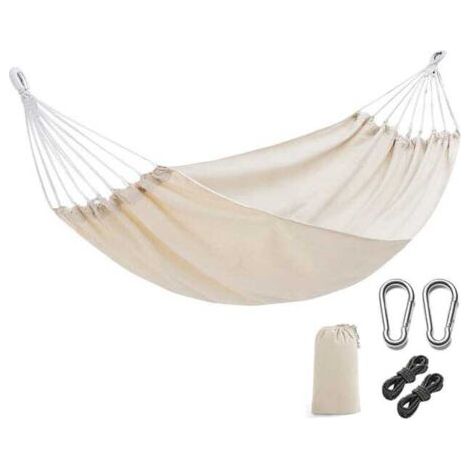 Hamac pour 2 personnes 190 x 150 cm Charge maximale 400 kg, hamac balançoire d'extérieur avec sac de transport, corde et mousqueton, beige (1/5)