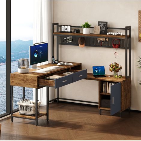 140 x 140 x 135 cm,L-förmiger Schreibtisch im Industriestil, Stahl- und Holzkonstruktion, rostfreies Metallgestell, mit Schubladen und einer Rückwand aus Drahtgeflecht, Schwarz + Holzton. (1/5)