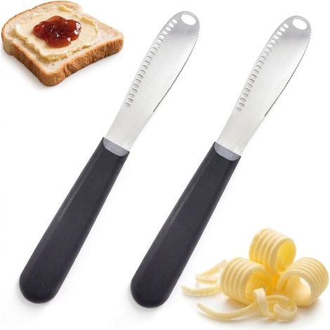 Set di 2 utensili 3 in 1: coltello da burro, coltello spalmabile in acciaio inox, coltello per il pane seghettato e grattugia per formaggio e marmellata. (1/5)