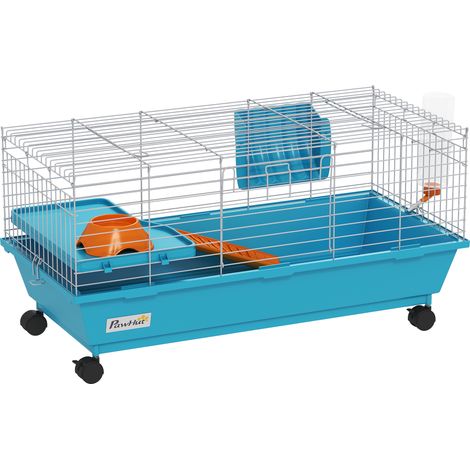 Cage pour petits animaux avec roulettes, distributeur de biberon et de foin pour lapins et cochons d'Inde, 89 x 44 x 43 cm, bleue (1/5)