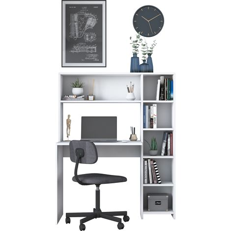 Asir Group Llc – Bureau droit avec rangement 6 niches – Dimensions 113,2x40x141,8 cm – Panneaux de particules mélaminés – Couleur blanche (1/10)