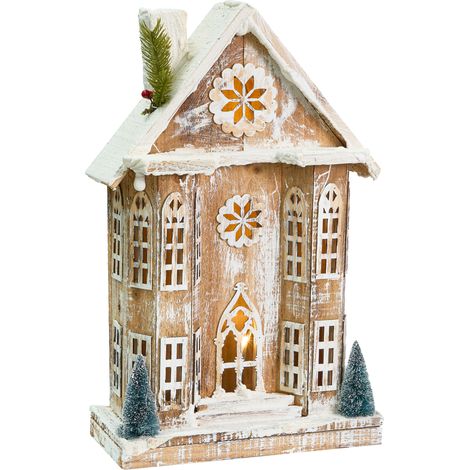 Decoración de Navidad LED madera de abeto hecho a mano figura de casa marrón claro Unari