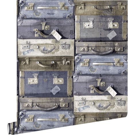 papier peint valises vintage bleu et marron - ESTAhome (1/5)
