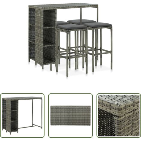 vidaXL Bar de patio - Ensemble de bar de jardin 5 pcs et coussins Résine tressée Gris (1/5)