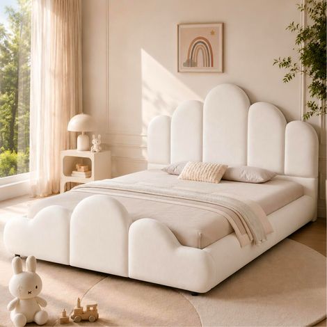 Lit enfant 140 x 200 cm en velours beige avec tête de lit rembourrée, coins arrondis DESVIAE (1/5)