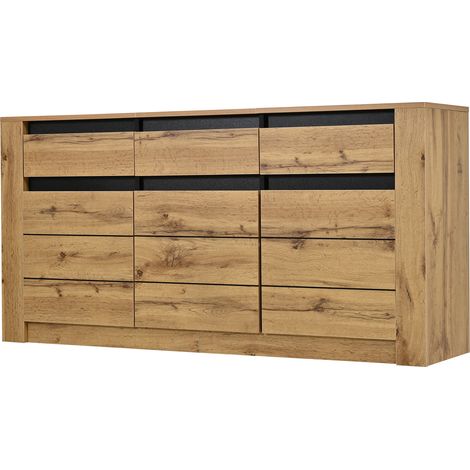 Buffet commode bois naturel 135 cm 9 tiroirs rangement compartiments moderne salon meuble 3 portes (1/5)