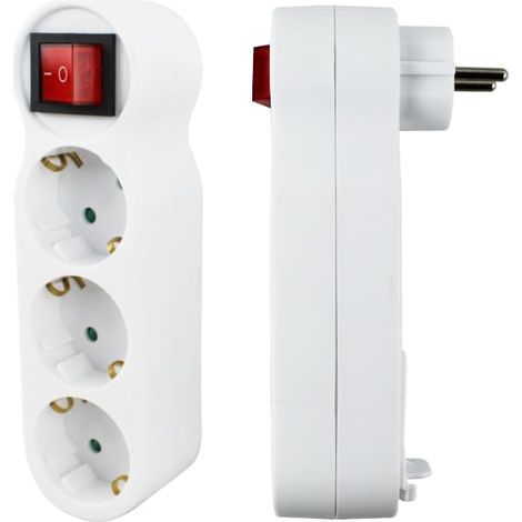 Adaptateur secteur 3 prises avec interrupteur, 1 prise Schuko (16 A/230 V) et 2 x Euro (2,5 A/230 V), 2 pièces, max 3680 W, blanc