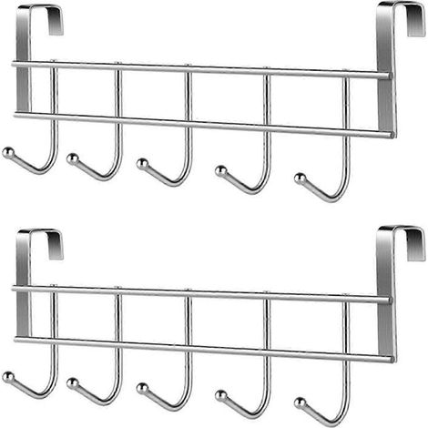 2 étagères de rangement pour salle de bain avec 5 crochets à fixer derrière la porte - Vêtements, manteaux, chapeaux, serviettes - Acier inoxydable haute résistance (1/5)