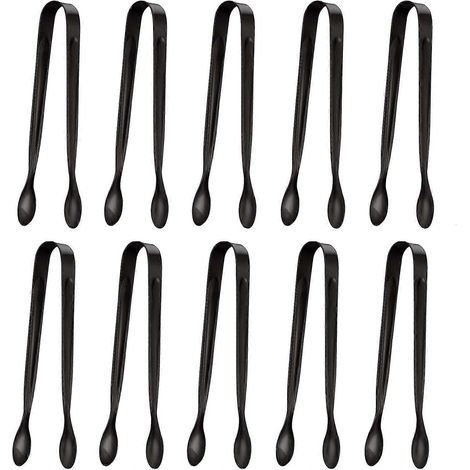 Lot de 10 petites pinces à glaçons et à sucre, mini pinces de service en acier inoxydable pour apéritifs, café, thé, vin, bar et cuisine (noir) (1/4)