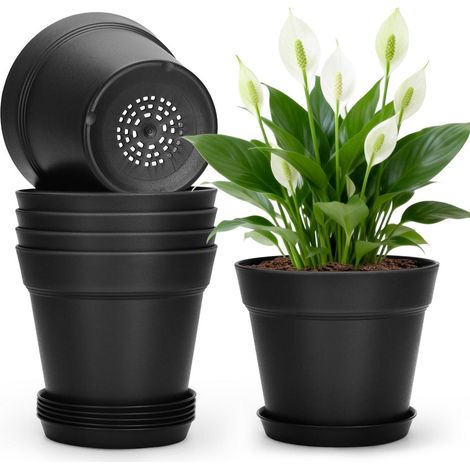 6er Set Blumentöpfe mit Untersetzer, 15cm Kunststoff Pflanztöpfe Klein Schwarz (1/5)
