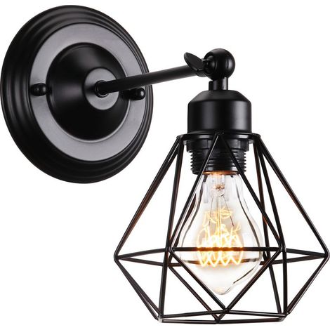Applique murale industrielle ajustable en métal noir – Design cage diamant – Luminaire pour salon, chambre, salle à manger – Douille E27 (1/5)