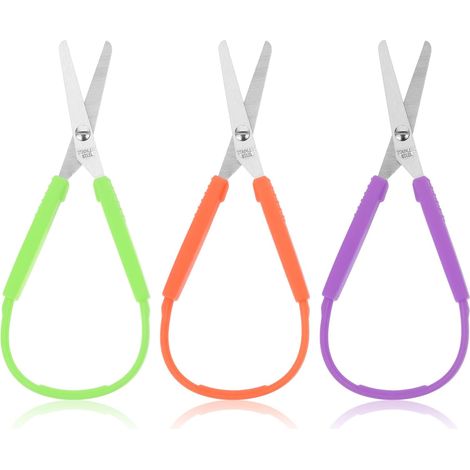3 Paires Ciseaux Enfants Boucle Auto - Acier Inox Pointe Ronde - Sécurité École Bricolage - Dès 2 Ans - Violet Vert Orange (1/5)