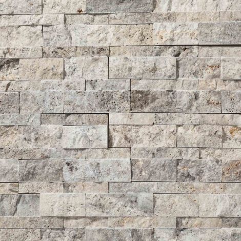Parement travertin brut 60x15x1,5-2,5 cm – Gris silver – Vendu par plaque 0,09 m² – Pour décoration intérieure et extérieure