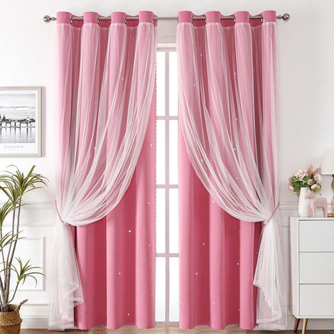 Cortinas opacas de encaje de doble capa, aptas para dormitorios, salas de estar y salones (juego de 2 piezas, 100x200 cm, rosa). (1/5)
