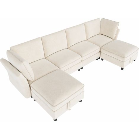 Sofá Modular de Esquina en U 6 a 7 Plazas con Pufs de Almacenaje, Chenilla, Beige 289 x 137 x 84 cm (1/5)