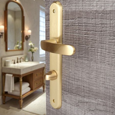 Ouvre&Déco – 2 poignées de porte VINTAGE verrou condamnation, Laiton doré satiné entraxe 195 mm