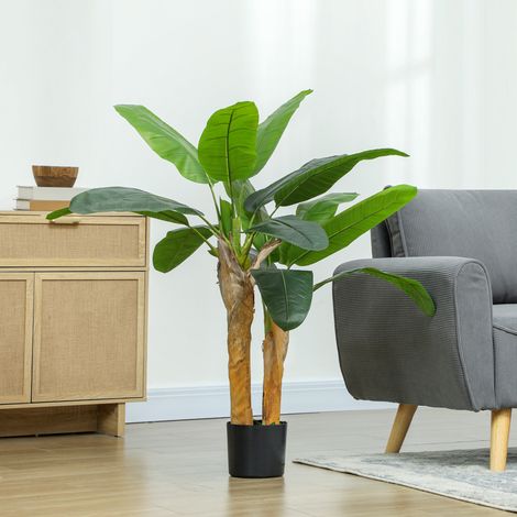 Bananier artificiel de 120 cm avec pot et 15 feuilles réalistes, plante tropicale synthétique pour la décoration intérieure