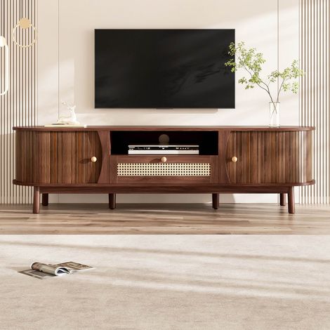 Meuble TV en bois moderne 165 x 37 x 46 cm Meuble tv bas avec 2 Porte de rangement coulissante et 1 tiroir en rotin Couleur noyer