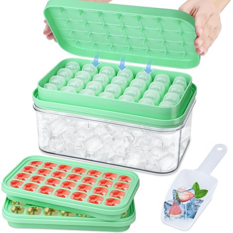 Bac a Glacon, Glacons Moule Avec Couvercles, Bac a Glacon en Silicone Empilable, Bacs a Glacon Carres Faciles a Retirer, Convient pour Whisky, Glaces (Vert, Pelle a Glace) (1/5)