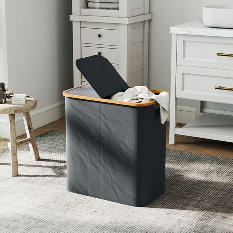 Cesto de ropa doble plegable de 80 litros con tapa, asas acanaladas, color gris.