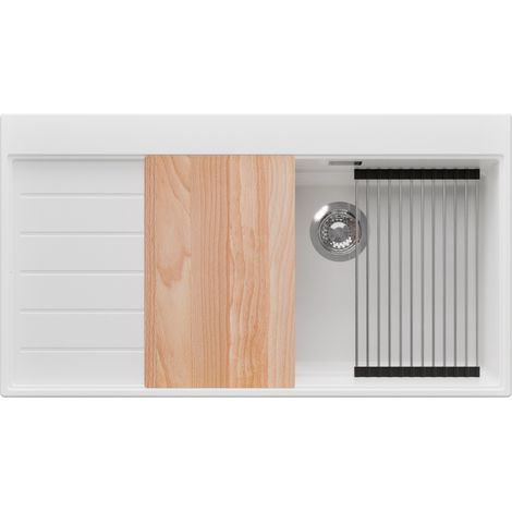 PRIMAGRAN Evier Cuisine en Granit 90x50cm,Lavabo 1 bac + Kit de Vidage + Accessoires, Évier à Encastrer au meuble 60cm - Sydney, Blanc (1/5)