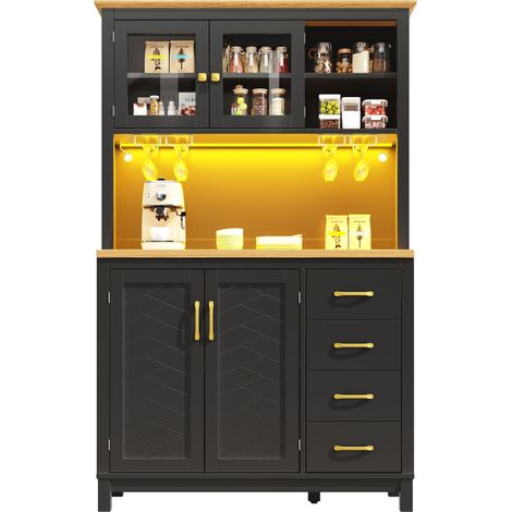 Buffet / meuble de rangement / meuble de cuisine / vaisselier, 105,5 x 40 x 180 cm, style campagne, 4 portes, avec bande lumineuse LED et porte-gobelets, vert/noir/blanc